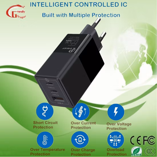 Hot Pd QC3.0 3-портовое зарядное устройство USB C Быстрая зарядка Быстрое зарядное устройство USB EU UK Kr Pin Pd GaN Адаптер Зарядное устройство GaN 65 Вт